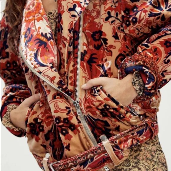 Free People Bailey Velvet Moto Jacket Moroccan Print Red Blue Orange Gold - Picture 6 of 6